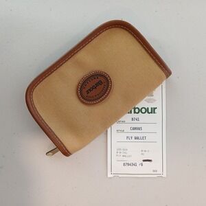 NWT Barbour Wallet Tan Canvas Leather Trim Zip Fly Travel Pouch